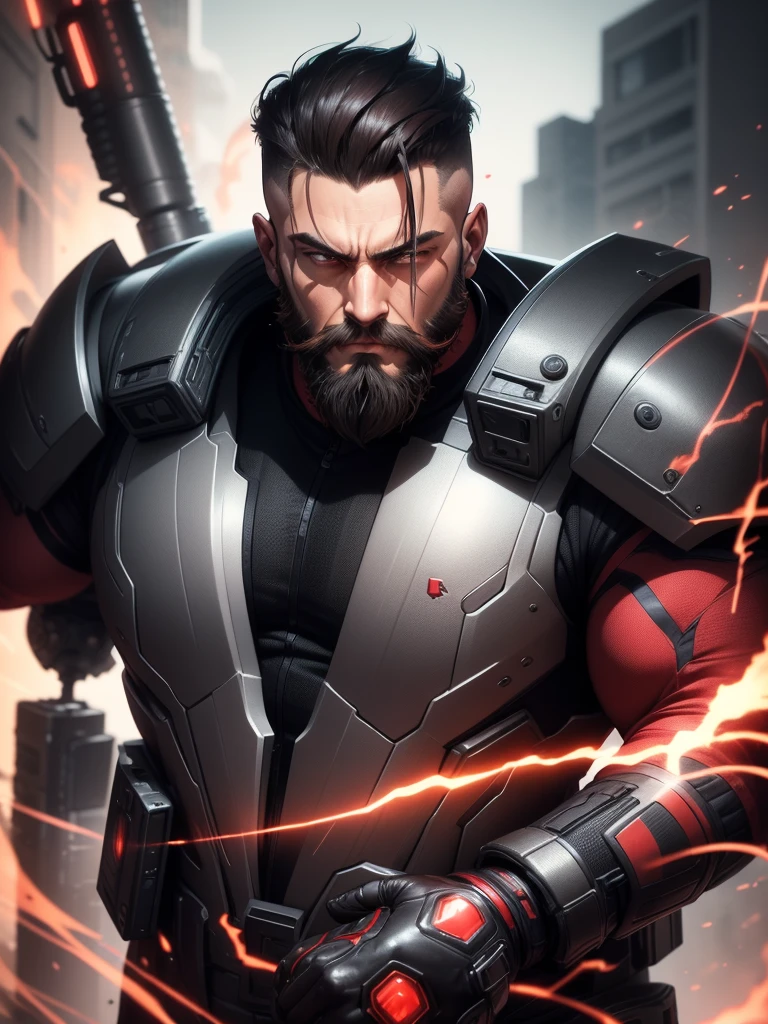 アニメ, grown-up. Serious strong muscular Supreme Marshal wielding a long sniper with red plasma technological details. Short black hair on top combed back short high fade shaved on the side. Wearing black armor with red techno details, well polished and polished with equipment vests on the waist with grenades and energy vials. Beautiful black and red earring. beautiful boss, male with elegant goatee style beard. fund: He is on top of a building aiming a long sniper with red plasma technological details.