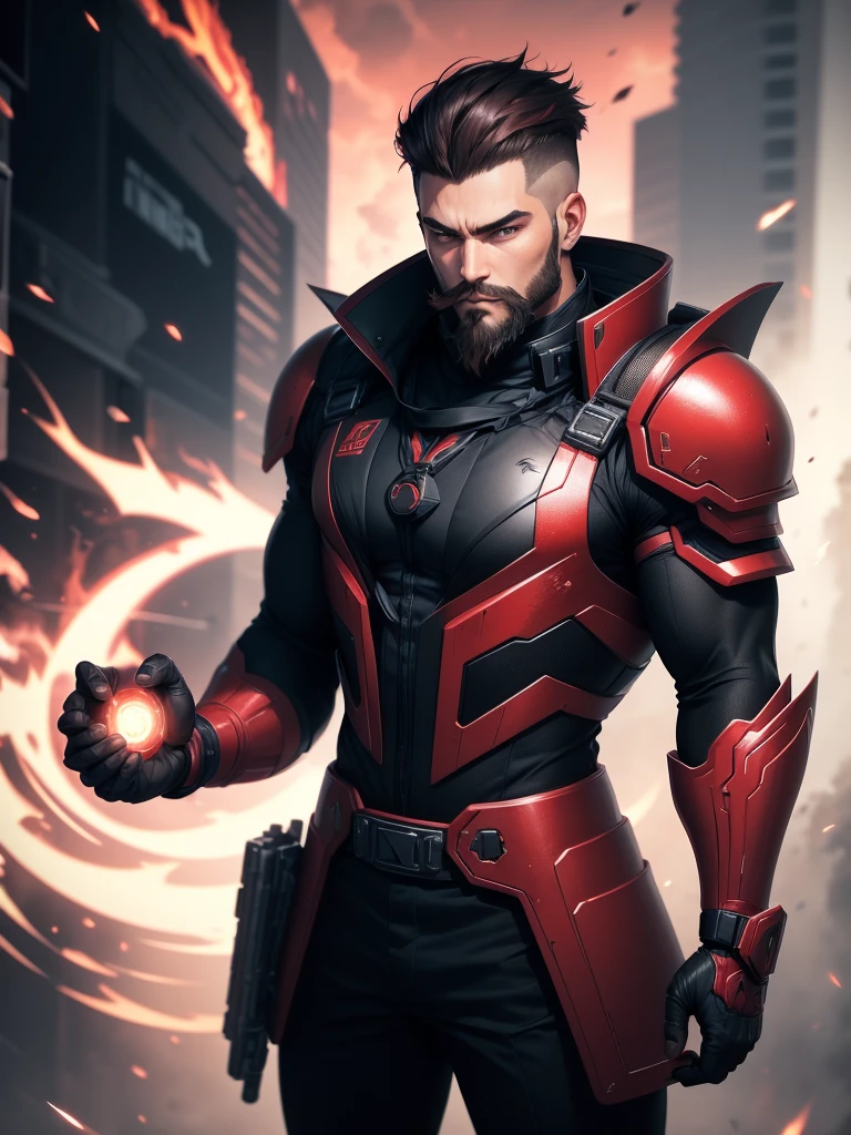 アニメ, grown-up. Serious strong muscular Supreme Marshal wielding a long sniper with red plasma technological details. Short black hair on top combed back short high fade shaved on the side. Wearing black armor with red techno details, well polished and polished with equipment vests on the waist with grenades and energy vials. Beautiful black and red earring. beautiful boss, male with elegant goatee style beard. fund: He is on top of a building aiming a long sniper with red plasma technological details.