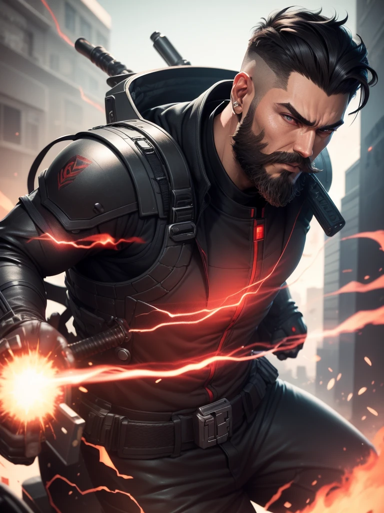 アニメ, grown-up. Serious strong muscular Supreme Marshal wielding a long sniper with red plasma technological details. Short black hair on top combed back short high fade shaved on the side. Wearing black armor with red techno details, well polished and polished with equipment vests on the waist with grenades and energy vials. Beautiful black and red earring. beautiful boss, male with elegant goatee style beard. fund: He is on top of a building aiming a long sniper with red plasma technological details.