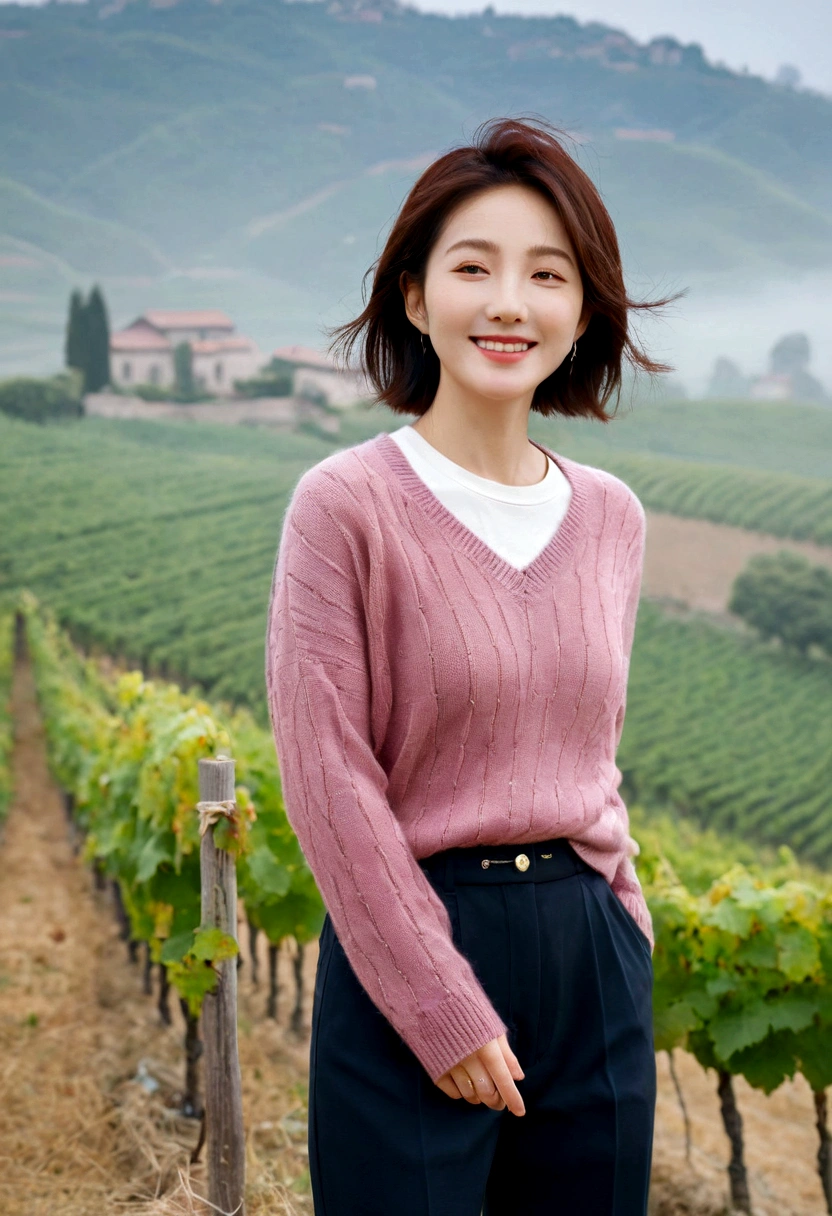 8k best picture quality, Beautiful 36-year-old Korean woman, clear and nice weather. Chest size 34 inches, italian countryside, past the vineyard, The cathedral is visible in the fog in the distance., The back background is realistic and vivid image quality, Short and medium hair blowing in the wind, Wearing high-end luxury knitwear. casual pants, Smile. the background is clear, Short and slim Korean woman, stand far away, Photo taken with a wide-angle lens, 1 woman
