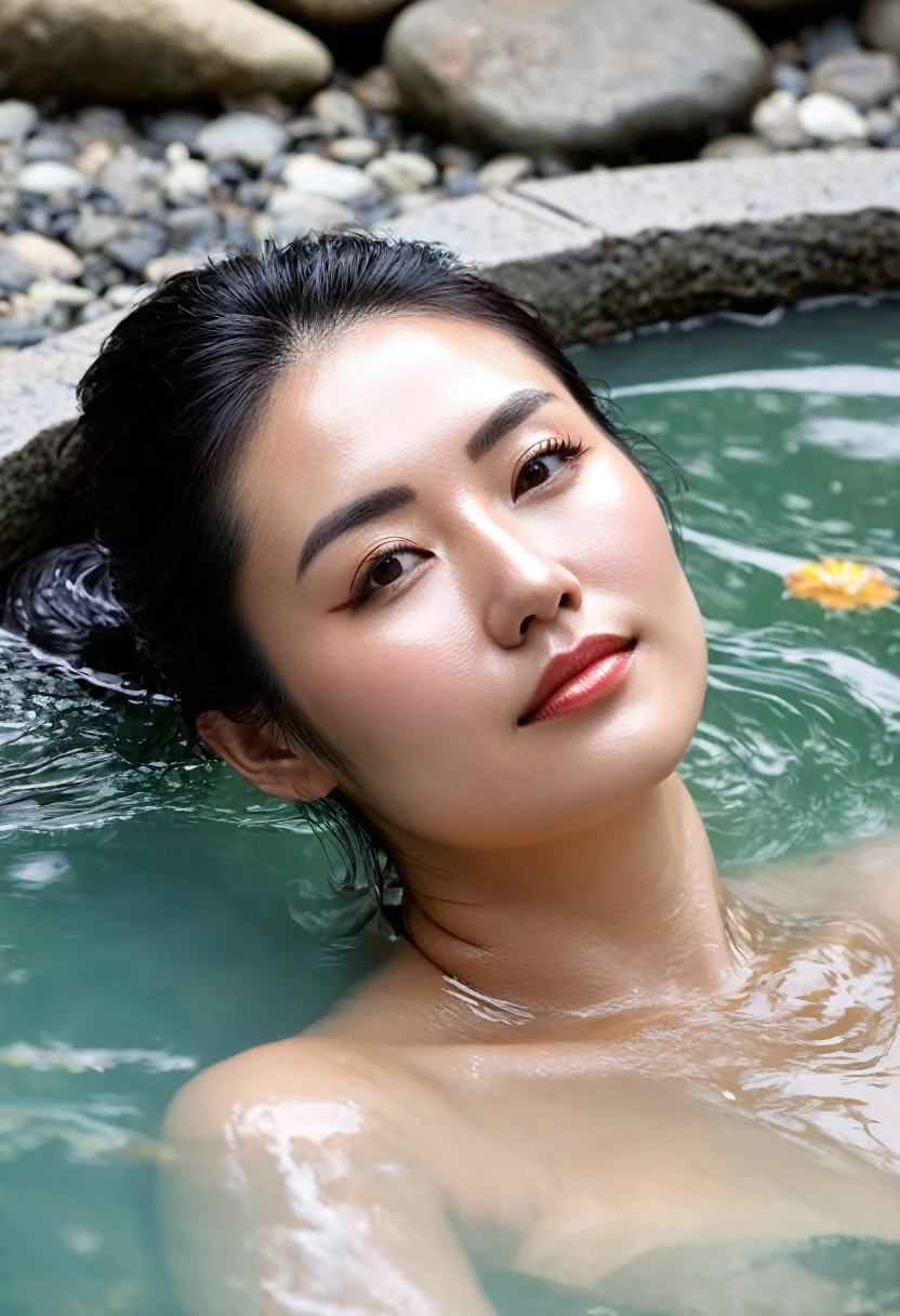 young woman, 27 years old,.She lies in a warm hot spring.. it&#39;s raining. She is standing in waist-deep water.. She smiles with pleasure, savoring the warm water running down its lengths, wet, rubio, braided hair, his clothes and his body. beautiful, suave, Long Face, large eyes,wide open lips, pink summer dress, a belt intensifies your wesp-taille. Especially wearing blue, Long trench coat, Bloomed shelter. (rubio, very long hair, two braids ) (dripping wet hair), clothes dripping wet,wet, Transparent, (see through), rigid breasts, ((nipples)), without bra, Skinny body but busty . swimsuit in 2 pieces 