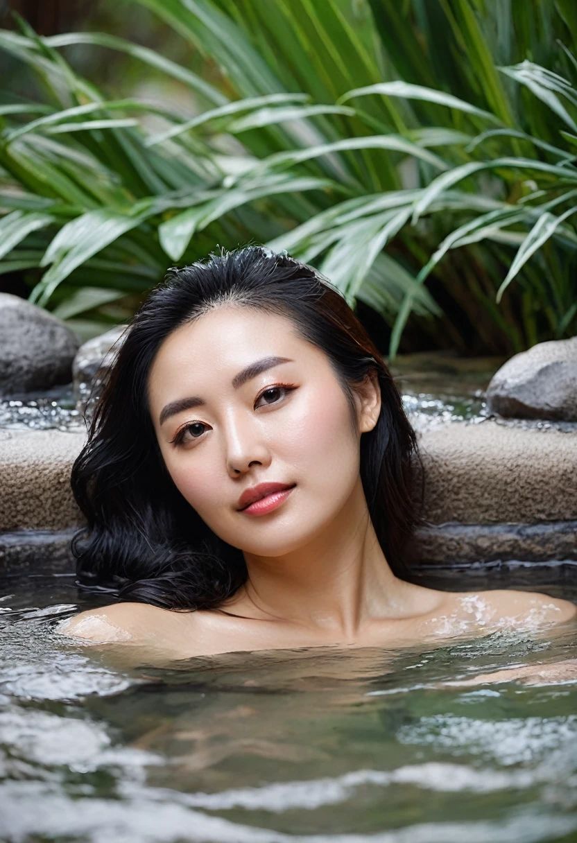 young woman, 27 years old,.She lies in a warm hot spring.. it's raining. She is standing in waist-deep water.. She smiles with pleasure, savoring the warm water running down its lengths, wet, rubio, braided hair, his clothes and his body. beautiful, suave, Long Face, large eyes,wide open lips, pink summer dress, a belt intensifies your wesp-taille. Especially wearing blue, Long trench coat, Bloomed shelter. (rubio, very long hair, two braids ) (dripping wet hair), clothes dripping wet,wet, Transparent, (see through), rigid breasts, ((nipples)), without bra, Skinny body but busty . swimsuit in 2 pieces