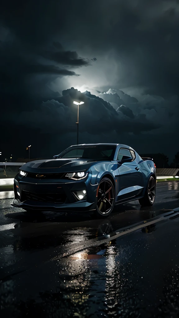 crie uma imagem ultra realista, in as much detail as possible, and extremely faithful to reality, very colorful, of a Chevrolet Camaro Preto, with the headlights on and slightly blue, on a road at night with rain, with lampposts, with a very cloudy and a little dark sky.
