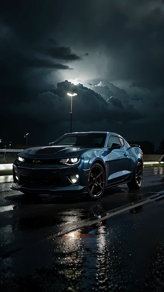 crie uma imagem ultra realista, in as much detail as possible, and extremely faithful to reality, very colorful, of a Chevrolet Camaro Preto, with the headlights on and slightly blue, on a road at night with rain, with lampposts, with a very cloudy and a little dark sky.