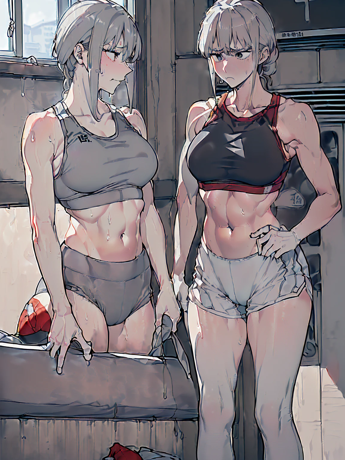 (Sweat, White skin:1.5、Light gray sports bra, ), cameltoe, Fitness, , ((ブラにSweat染み:1.5, Sweatで濡れている, Sweat染み, stain on grey sports bra:1.5)),Big Breasts, Sturdy body、Spread your legs