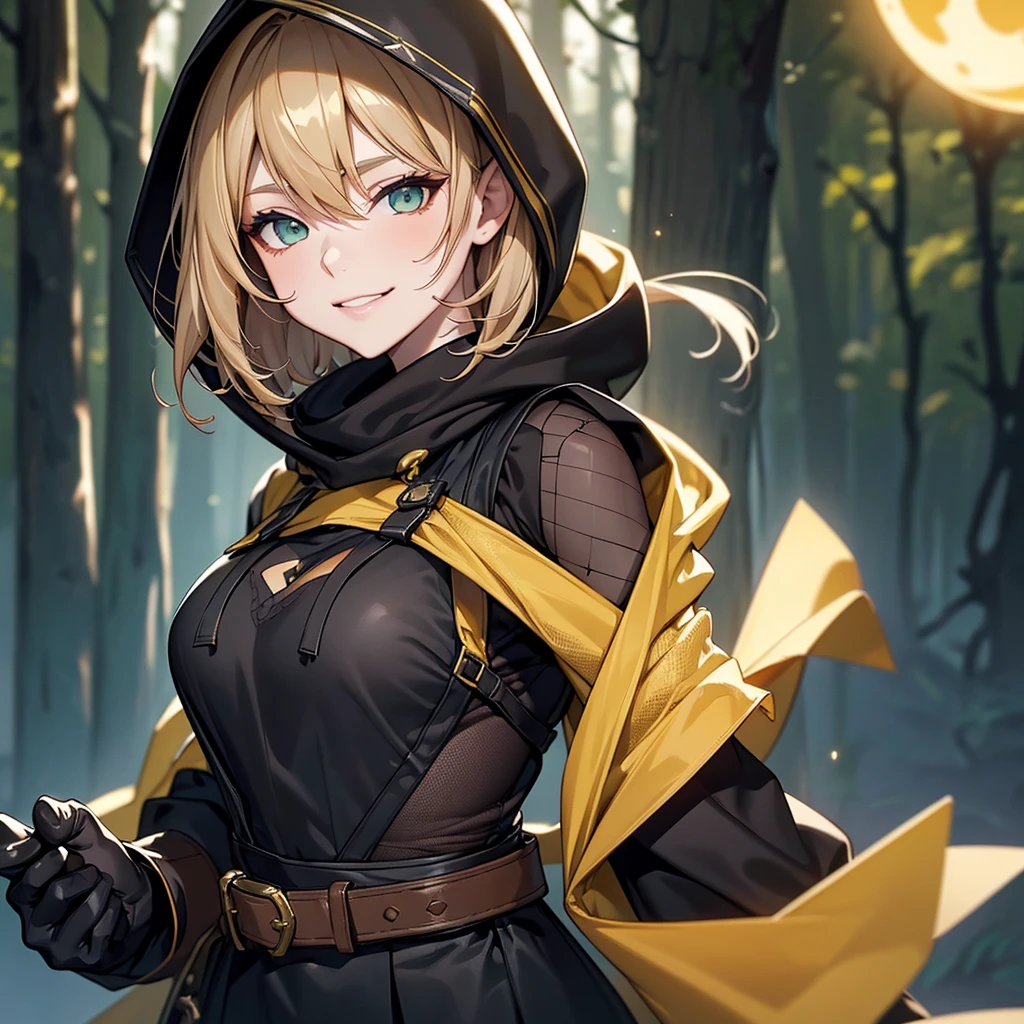 (Super detailed:1.3), ((((best quality)))), ((masterpiece)), female focus, solo, powerful glow, detailed face, detailed eyes, detailed lips,dark forest background,(starry night sky), blue moon,((dirty blonde hair)),short hair,shaggy hair, (brown thief attire), (wearing hood:1.3), green eyes, (pale skin:1.2),((smirk)),almond-shaped eyes,cute face,close-up shot, depth of field, (yellow scarf:1.2),(black hood:1.2),young girl,(teenager),(goggles:1.2),(black mesh undershirt:1.3),brown corset, European ninja,sleeveless,gloves