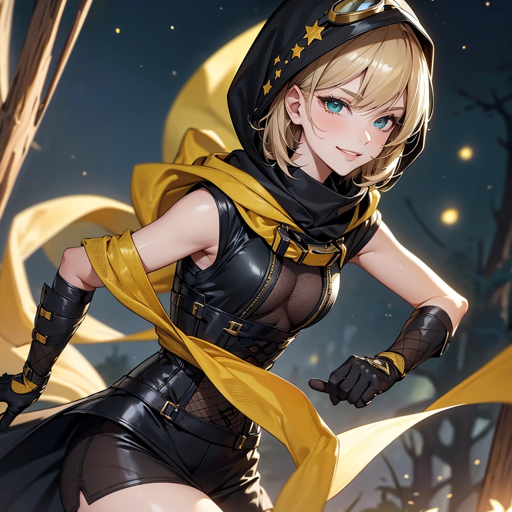 (Super detailed:1.3), ((((best quality)))), ((masterpiece)), female focus, solo, powerful glow, detailed face, detailed eyes, detailed lips,dark forest background,(starry night sky), blue moon,((dirty blonde hair)),short hair,shaggy hair, (brown thief attire), (wearing hood:1.3), green eyes, (pale skin:1.2),((smirk)),almond-shaped eyes,cute face,close-up shot, depth of field, (yellow scarf:1.2),(black hood:1.2),young girl,(teenager),(goggles:1.2),(black mesh undershirt:1.3),brown corset, European ninja,sleeveless,gloves