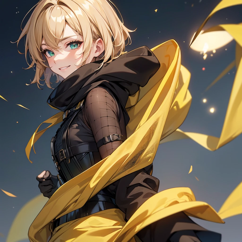 (Super detailed:1.3), ((((best quality)))), ((masterpiece)), female focus, solo, powerful glow, detailed face, detailed eyes, detailed lips,dark forest background,(starry night sky), blue moon,((dirty blonde hair)),short hair,shaggy hair, (brown thief attire), (wearing hood:1.3), green eyes, (pale skin:1.2),((smirk)),almond-shaped eyes,cute face,close-up shot, depth of field, (yellow scarf:1.2),(black hood:1.2),young girl,(teenager),(goggles:1.2),(black mesh undershirt:1.3),brown corset, European ninja,sleeveless,gloves