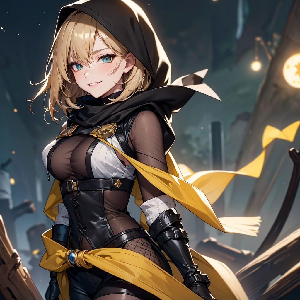 (Super detailed:1.3), ((((best quality)))), ((masterpiece)), female focus, solo, powerful glow, detailed face, detailed eyes, detailed lips,dark forest background,(starry night sky), blue moon,((dirty blonde hair)),short hair,shaggy hair, (brown thief attire), (wearing hood:1.3), green eyes, (pale skin:1.2),((smirk)),almond-shaped eyes,cute face,close-up shot, depth of field, (yellow scarf:1.2),(black hood:1.2),young girl,(teenager),(goggles:1.2),(black mesh undershirt:1.3),brown corset, European ninja,sleeveless,gloves