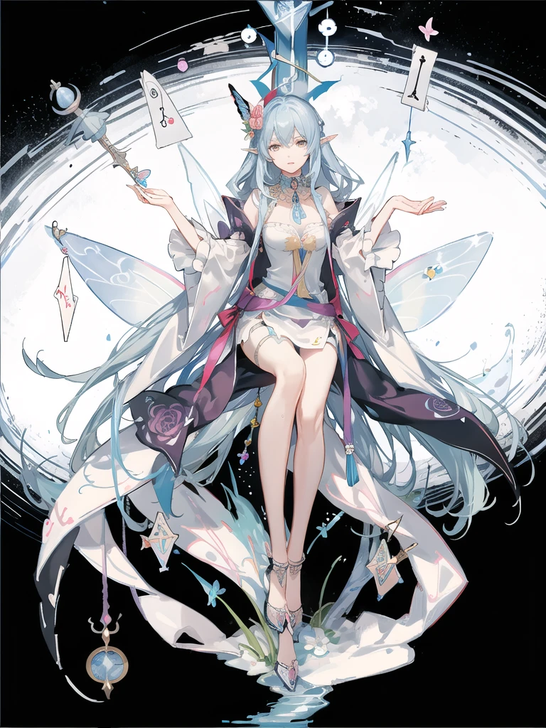 (Golden Ratio:1.2),(rose graffiti:1.2),(fault color:1.3),[(white background:1.4)::10], (full body:1.2),(ultra-detailed:1.3),(tarot:1.6),(the magician (tarot):1.6),

(paper:1.2),(fairy:1.6),(fairy wings:1.2),full body, standing in the air,(cool:1.2),(red long hair),(butterfly hair ornaments),(flower hair ornaments:1.0),((sandal,Locket)),(colorful cocktail long dress:1.0)+(Loose sleeves coat :1.3)+(floting colorful tassel and ribbon :1.2),(White stockings:1.2),

(colorful ink paper flower grow on the face:1.2),(colorful flower sea:1.3),

(chaotic geometric images:1.3),(nagative space:0.8),(drawing board:1.3),

(ether colorful ink flowing:1.3)