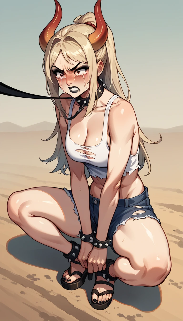 Yamato, open-toe heels, white crop-top, short shorts, cleavage, black lipstick, black eyeliner, black nails, dirt road, countryside, angry, crying, spiked collar, spiked wrist bracelets, leash on collar, spiked ankle bracelets, wrists tied up, ripped clothes, blushing