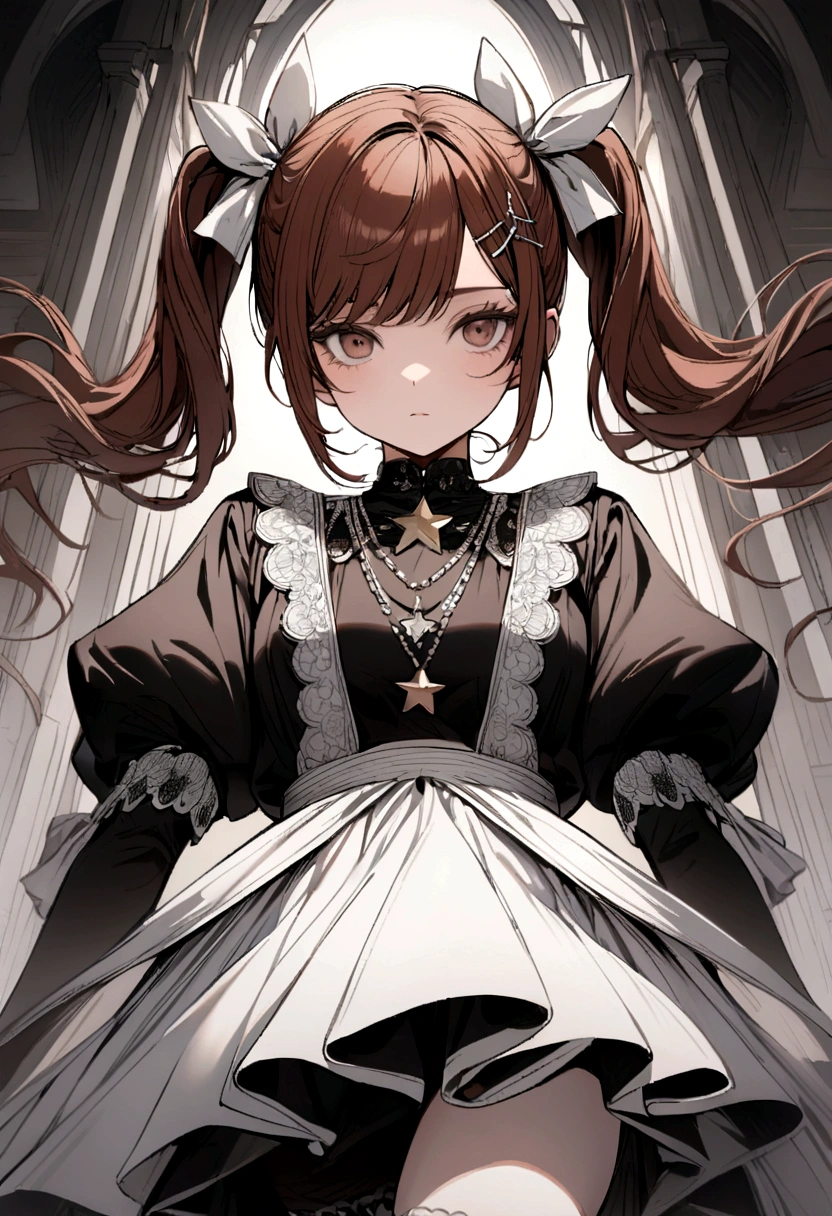 Reddish brown hair styled with two pigtails, a white bow along with a black hairpin. black shirt with white puffed sleeves, star necklace, white skirt with gray details at the end. black shoes with white details