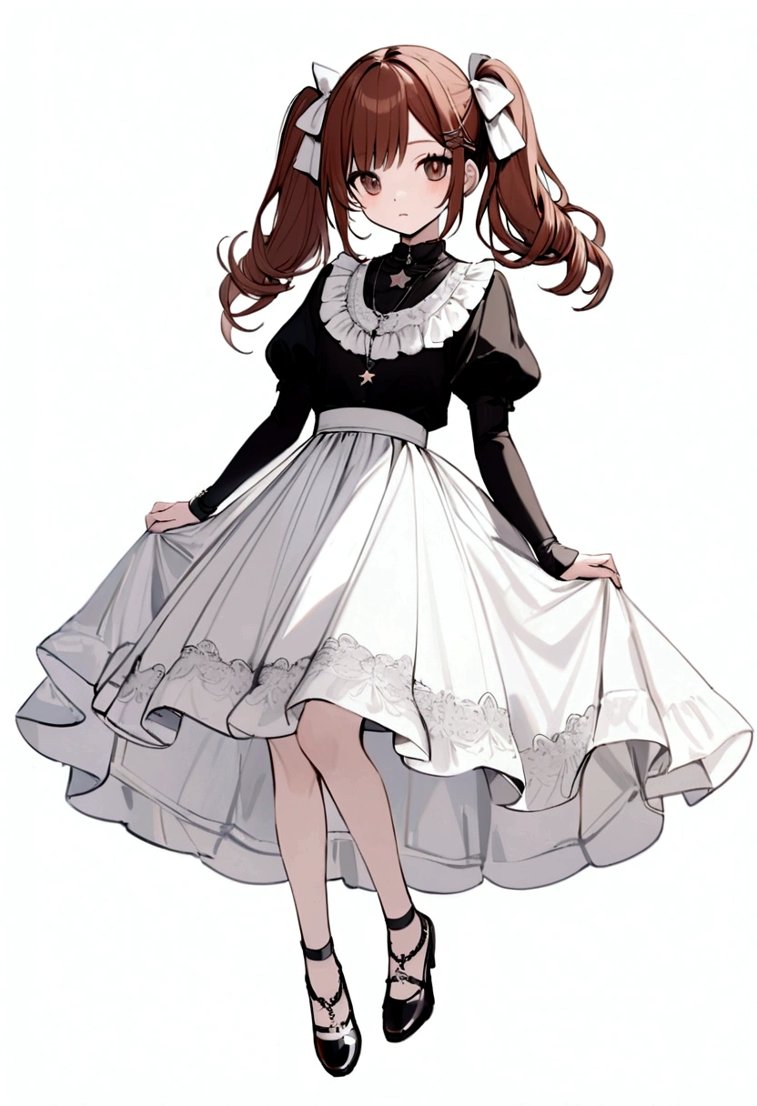 Reddish brown hair styled with two pigtails, a white bow along with a black hairpin. black shirt with white puffed sleeves, star necklace, white skirt with gray details at the end. black shoes with white details