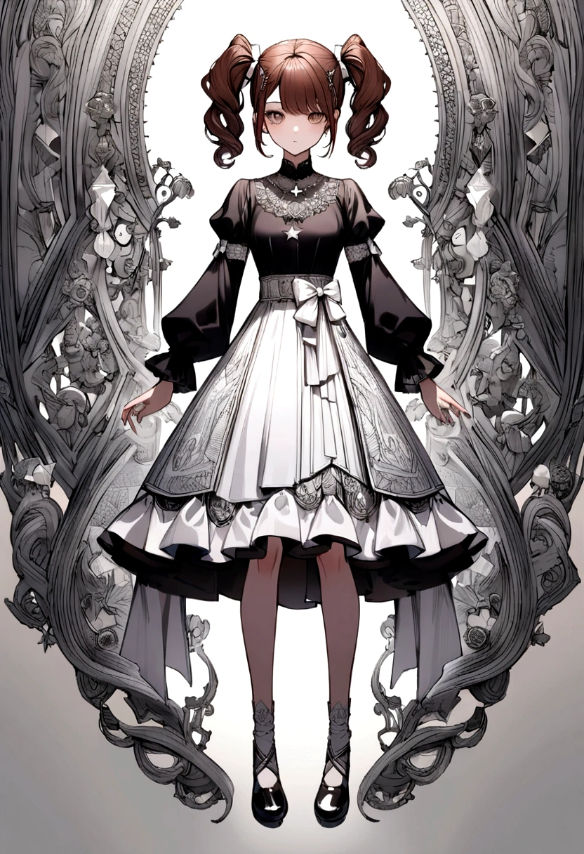 Reddish brown hair styled with two pigtails, a white bow along with a black hairpin. black shirt with white puffed sleeves, star necklace, white skirt with gray details at the end. black shoes with white details