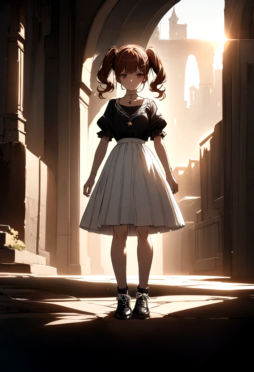 Reddish brown hair styled with two pigtails, a white bow along with a black hairpin. black shirt with white puffed sleeves, star necklace, white skirt with gray details at the end. black shoes with white details