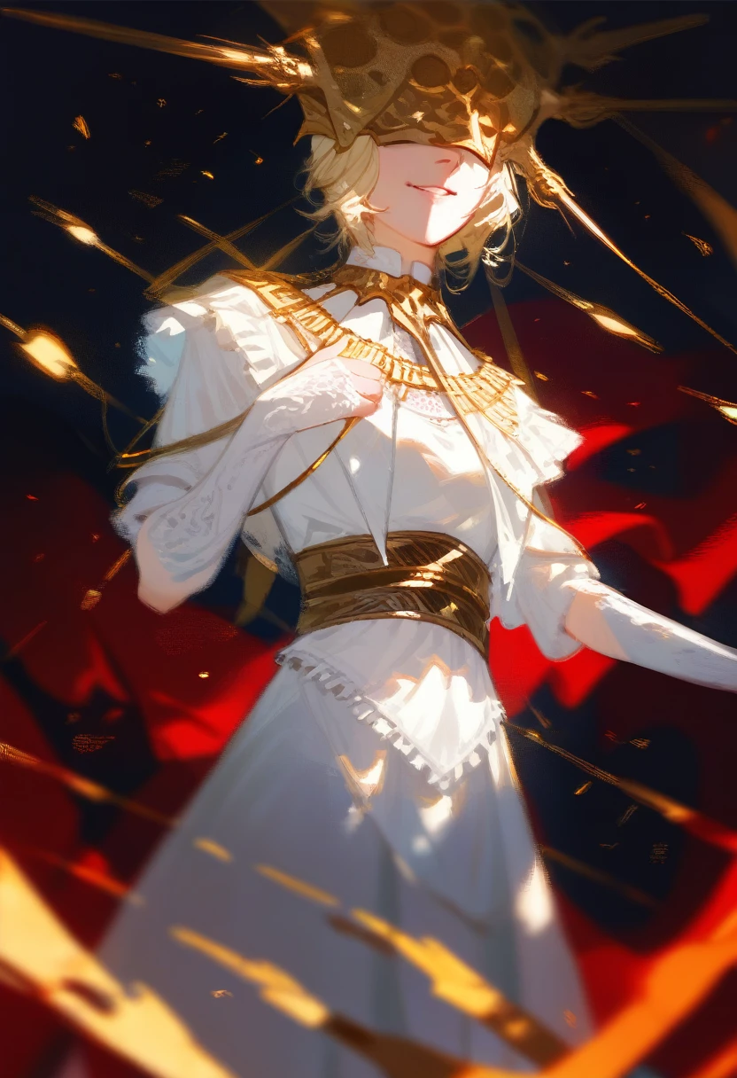 Princess, blonde hair, royal features, slight smile, white dress, amid the fires of darkness
