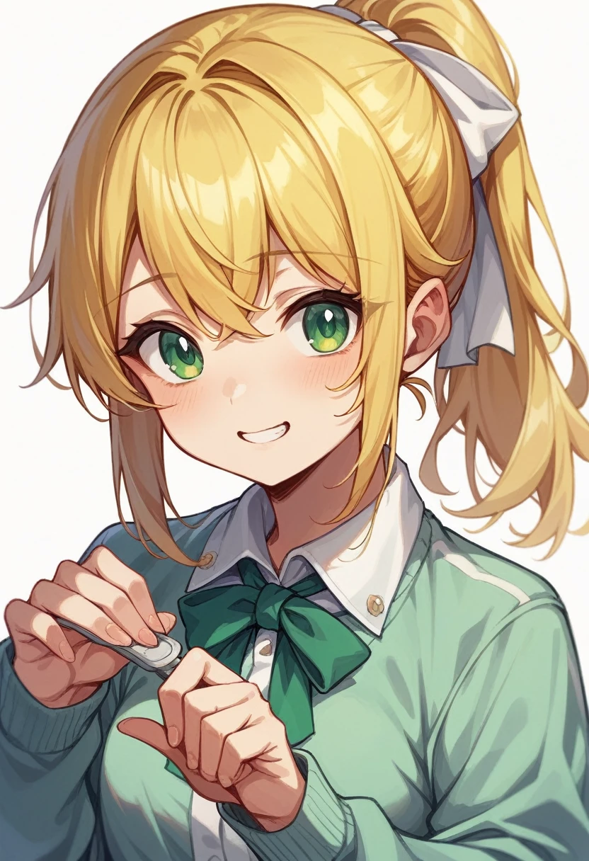 Highest quality、Super detailed、Yellow Hair、Hairpinning bangs、 had green eyes、1 cute smiling anime girl、White ribbon、ponytail、