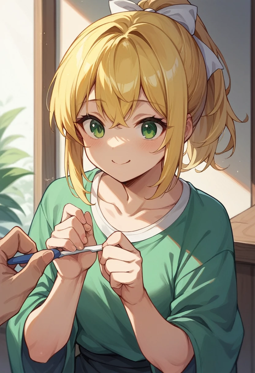 Highest quality、Super detailed、Yellow Hair、Hairpinning bangs、 had green eyes、1 cute smiling anime girl、White ribbon、ponytail、