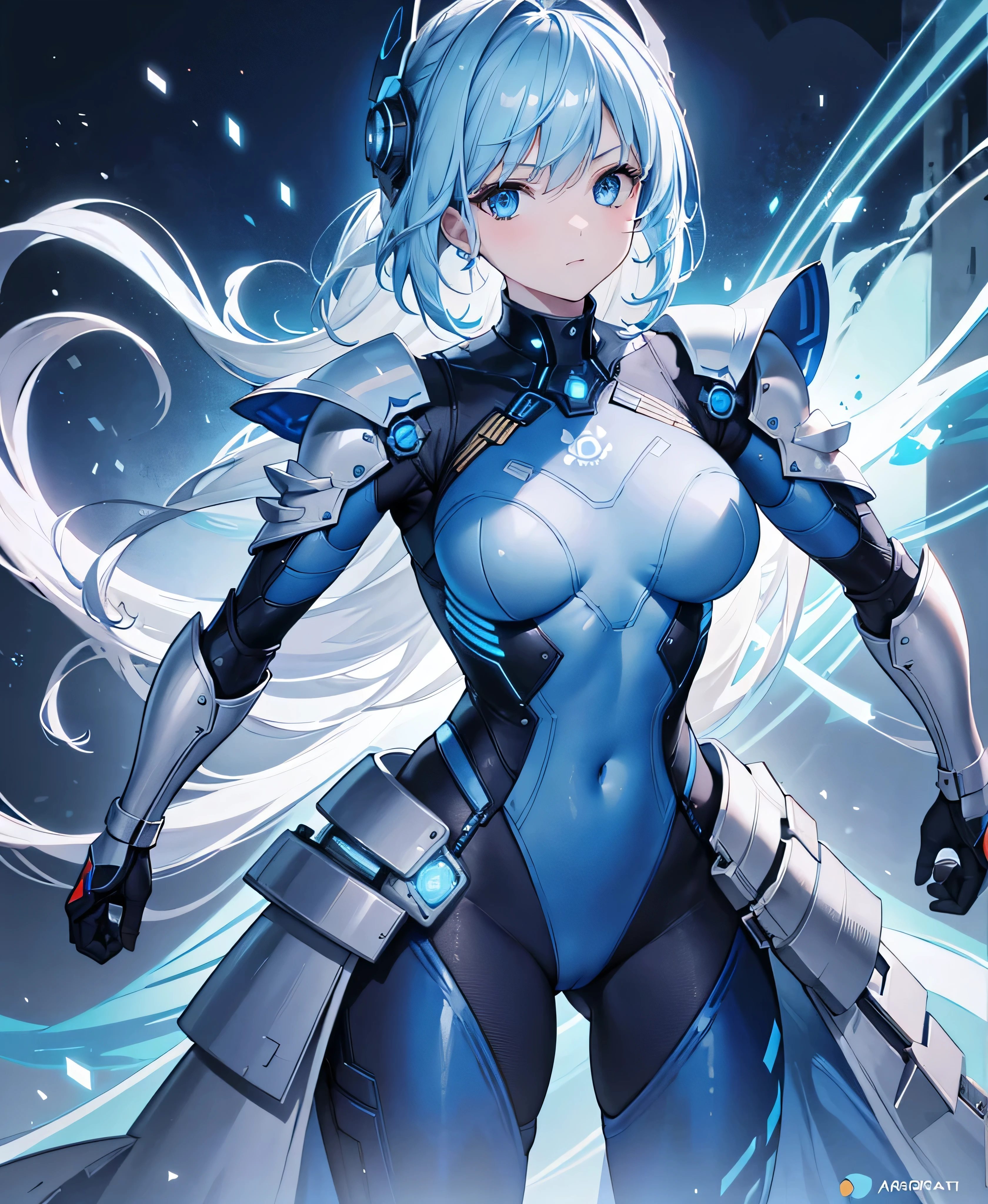 8K, Highest quality, (real:1.4), Original photo, 1 girl, Asari Hair, Biological Amplifier, refined armor, posture: Peace talks between warring factions, smart blue eyes,whole body