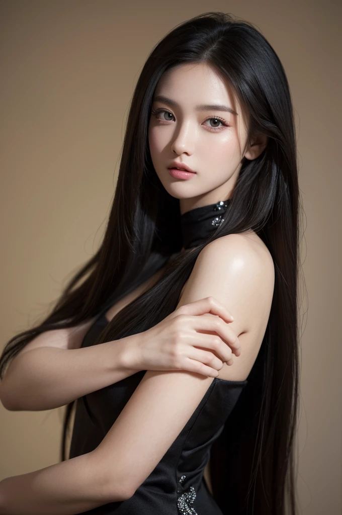 (Hyper-realistic), (illustration), (Increase the resolution), (16K), (extremely detailed), (Most Best Illustration), (beautiful detailed eyes), (best quality), (ultra-detailed), (masterpiece), (the wallpaper), (detailed face), woman, long hair, off shoulder, shiny black dress, model, posing, simple background