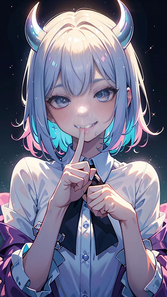 (Messy light)、(The best shadows)、Attractive, colorful eyes that shine beautifully,beatfiful face, ultra detailed face, 1 lady, solo masterpiece, Highest quality, ultra detailed, CG unity 8k wallpaper, Cinema Lighting, Lens flare, ultra detailed eyes,silver hair, very short hair, (evil smile:1.2), (evil grin:1.3), (sharp eye:1.2),(scowl:1.1), (stare at viewer:1.5), (embarrassed,blush:1.3), (ecstasy:1.3) ,(slut:1.2),(vulgarity:1.3),(fucked silly:1.1),(wet:0.8),(drooling:0.6),(sweat:0.8), white collared shirt, from front, (put index finger on mouth:1.2), light blue eyes, sparkling eyes, pink lips, beautiful lady, cityscape, midnight, backlighting,,nsfw, ((Streaks of Light refraction Glowing white lines)), Shining Background, Shining Edges,men’s shirts, oversized shirts, upper body, colorful sky. Colorful stars,