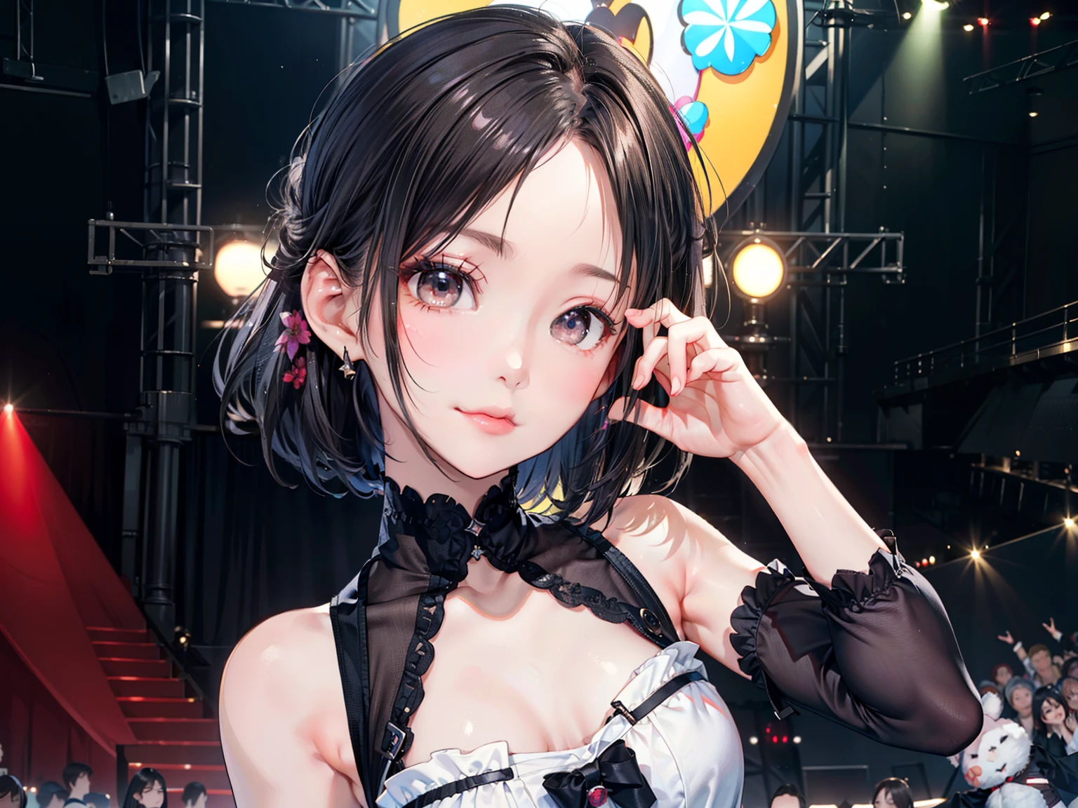 ((Best of the highest quality, 8k, Masterpiece, raw photo: 1.1)), (Sharp focus: 1.1), (1 AESPA, slim body type female, 22 y/o: 1.1), solo, Portrait Waist Up, (realistic, photo-realistic:1.37), face focus, cute face, finely eyes, (forehead, short hair, updo: 1.28), (sharp chin, droopy eyes: 1.32), (Emphasize prominent aegyo-sal with bright: 1.28), shimmering eyeshadow applied under the lower lash line, paired with thick, (small breasts, flat chest: 1.2), alternative outfit, walking on stage, microphone, flower,