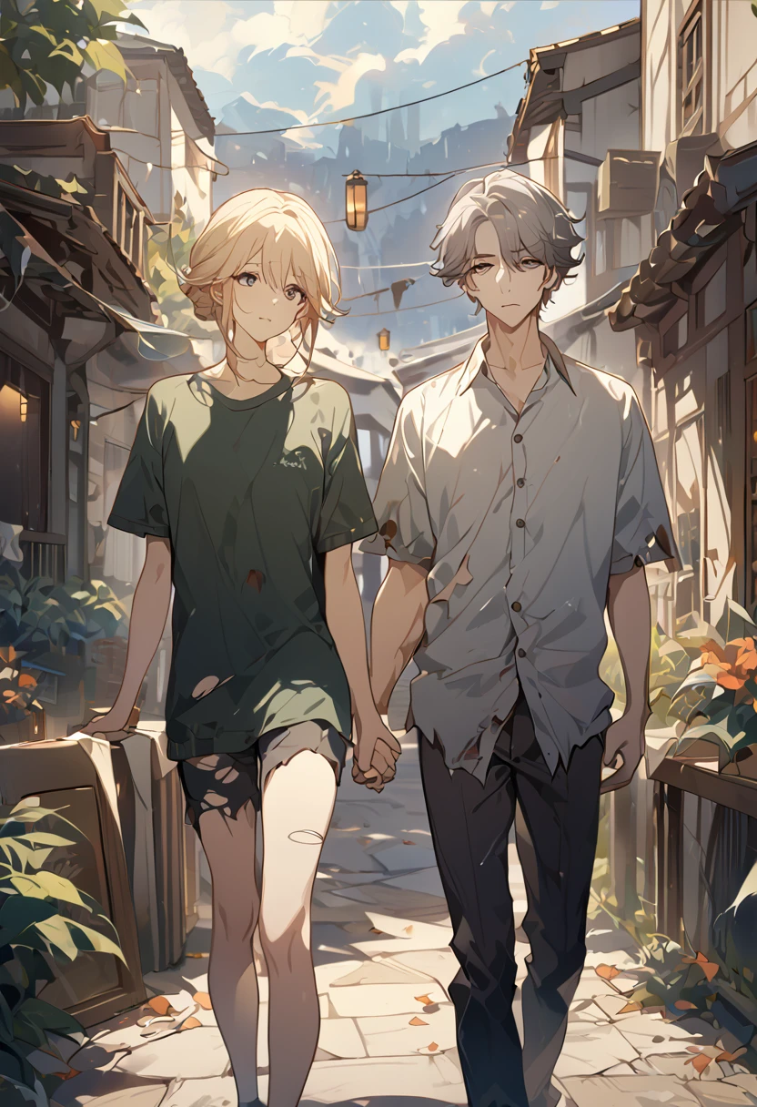 masterpiece, best quality, 8k ,4k, 2 boys, elf boys, long ears elf, twin elf, (one boy dark grayish hair with dark greenish eyes, torn and worn out clothes, thin body), (one boy light blond hair with dark bluish eyes, clean and neat clothes), stand side by side, holding hand, inspired by Asukaziye artist : ask, art style : ask