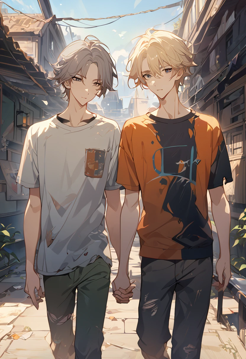 masterpiece, best quality, 8k ,4k, 2 boys, elf boys, long ears elf, twin elf, (one boy dark grayish hair with dark greenish eyes, torn and worn out clothes, thin body), (one boy light blond hair with dark bluish eyes, clean and neat clothes), stand side by side, holding hand, inspired by Asukaziye artist : ask, art style : ask