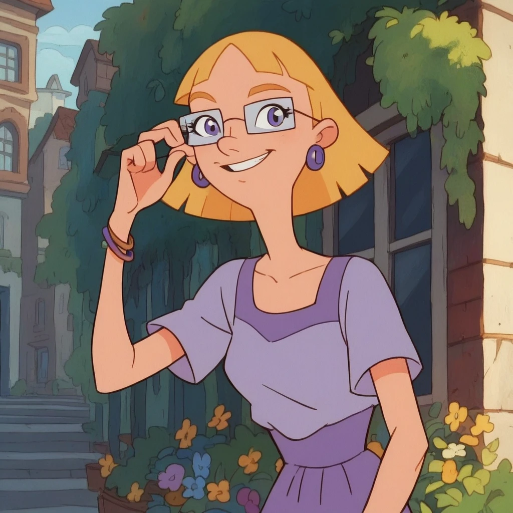 miriam, 1girl, glasses, earrings, jewelry, solo, short hair, blonde hair, smile, dress score_9, score_8_up, score_7_up, score_6_up, outdoors,