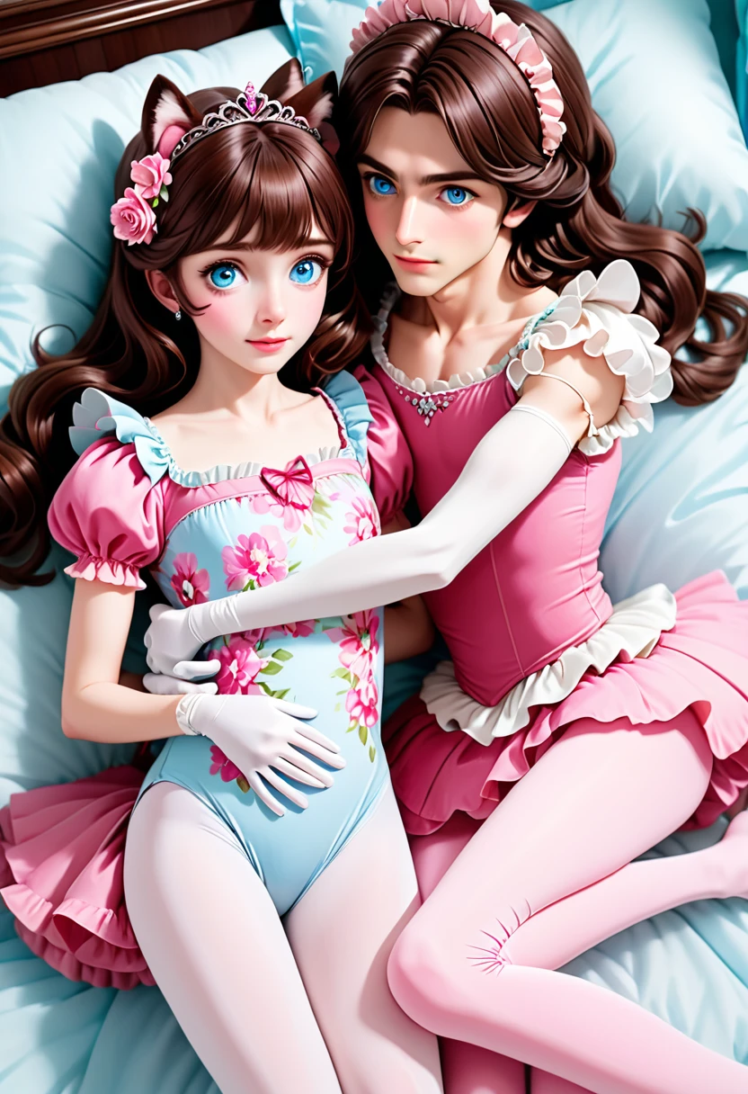 (Style-Princess) (1 man, 1 catgirl) (hetero, couple) (crossdressing, fully clothed) (brown hair, blue eyes) (portrait) (women's clothes only) (women's beautifully feminine skintight velvet floral print frilly girly pink adorable ballet leotards) (white opaque tights, no shoes) (tiaras, pink shoulder-length silk gloves:1.3) (woman's bedroom, four-poster bed) (lying down, hugging, bending knee) (intimacy, playfulness, closeness)