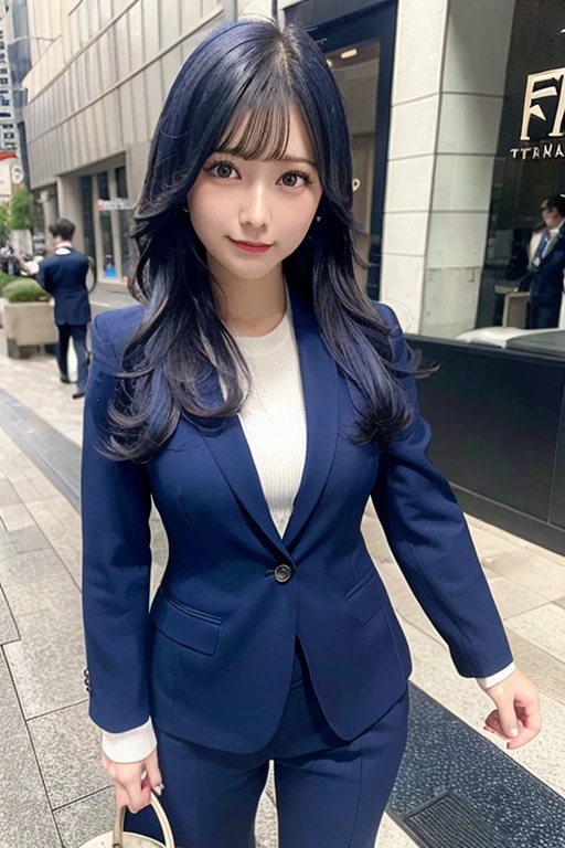 A woman like Tina from FF6、Her hair is blue、Wearing a navy blue business suit