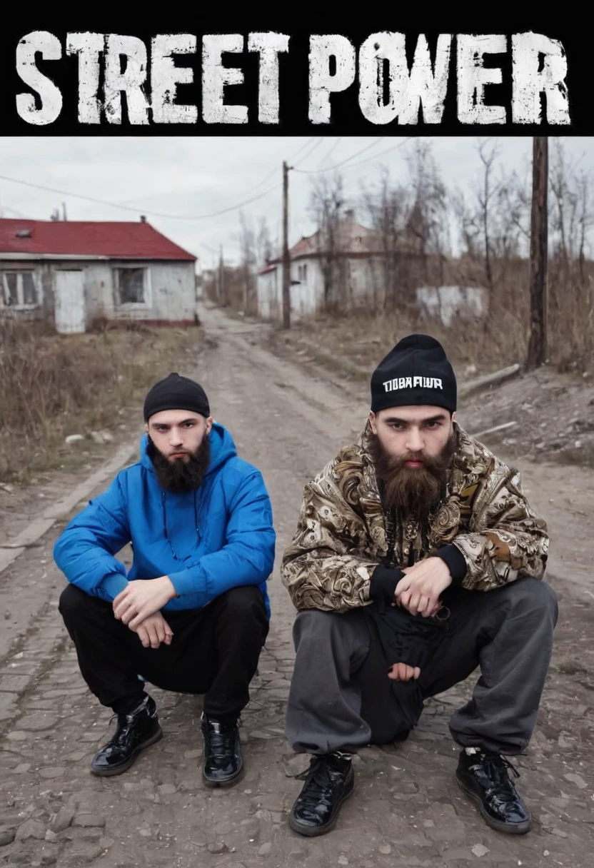 cover for a single from a Russian underground rap group, street power, a song about the area, a secondary and primitive idea, a mediocre cover for a Russian underground rap, cheap and cheerful, bearded harsh rappers, the ambience of a poor provincial town