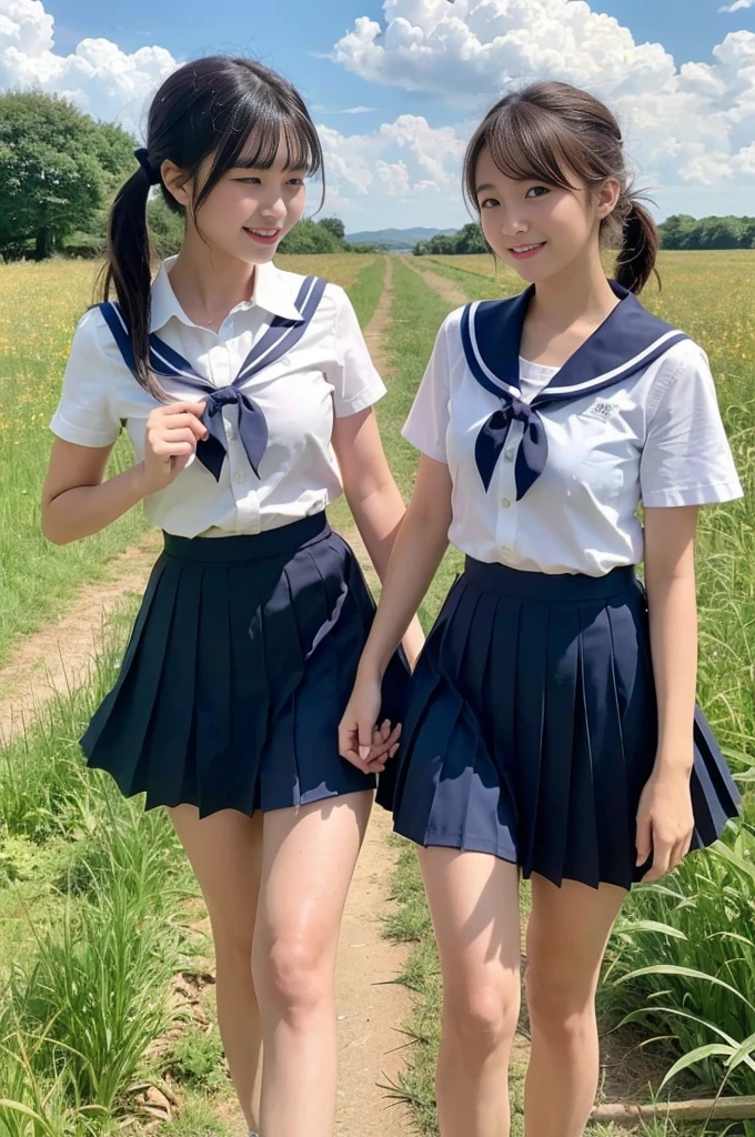 2 girls walking in rural field,cumulonimbus cloud in summer sky,sailor shirt,navy blue pleated skirt,18-year-old,bangs,a little smile,thighs,knees,short hair with low pigtails bunches,from below,front light