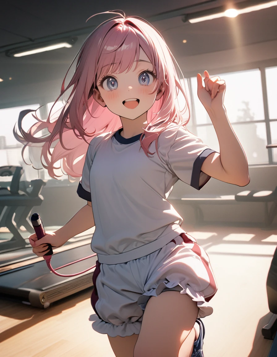 (8K, best quality, master piece: 1.2), super high resolution,1 girl,solo,15yo,ultra-detailed face,detailed eyes,happy,Jumping,(holding a jump rope),school gym clothes,bloomers,Straight hair,Long hair,Smoky pink hair,rim light,indoors Fitness center