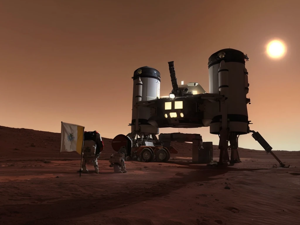 spacecraft landed on Mars and two astronauts near a flag