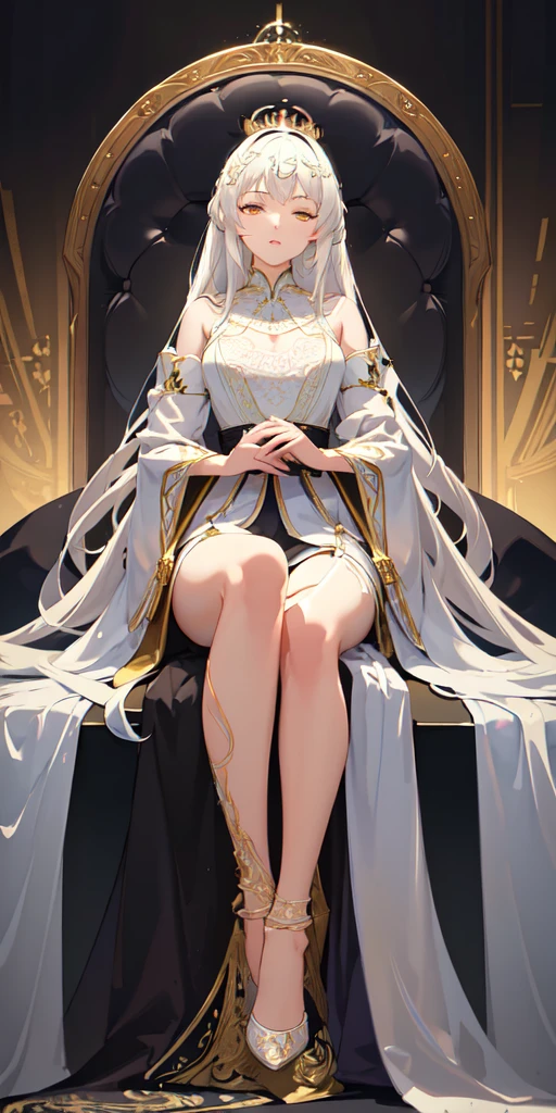 (Masterpiece:1.2), best quality, (illustration:1.2), (ultra-detailed), hyper details, (delicate detailed), (intricate details), (cinematic light, best quality Backlights), clear line, from below, soloist, perfect body, (1girl), white hair and yellow eyes, (emperor, black see-through clothes), (crown: 1.1), sitting on the throne, eyes slightly closed, head down, (shy: 1.2 ), (makeup), high contrast, (best illumination, an extremely create and beautiful), (cinematic light), colorful,