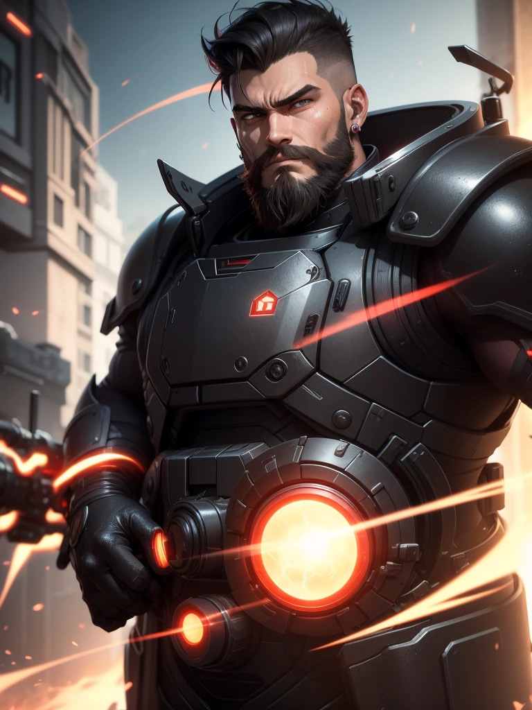 アニメ, grown-up. Supreme Marshal serious muscular slim strong with a long sniper with plasma red technological details. Short black hair on top combed back short high fade shaved on the side. Wearing dark black armor with various equipment with red technological details, well polished and polished with equipment vests on the waist with grenades and energy vials. Beautiful black and red earring. beautiful boss, male with short beard style elegant goatee. fund: He is on top of a building aiming a long sniper with red plasma technological details.