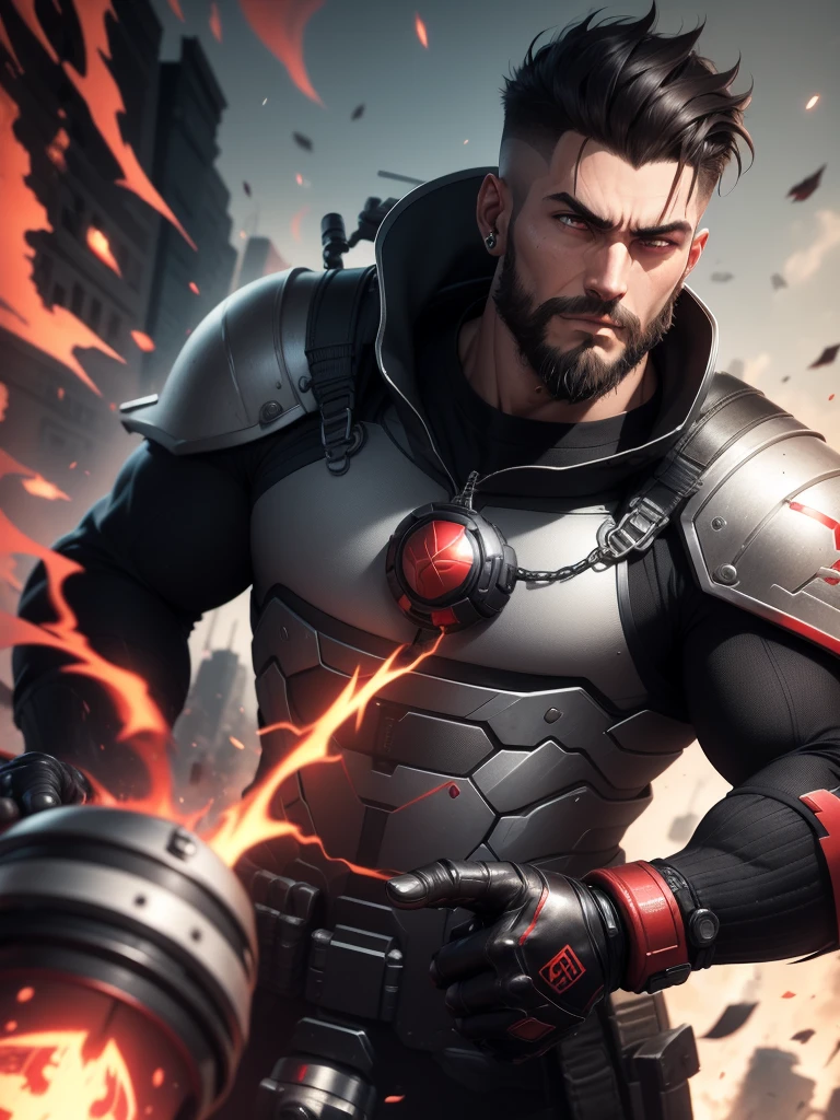 アニメ, grown-up. Supreme Marshal serious muscular slim strong with a long sniper with plasma red technological details. Short black hair on top combed back short high fade shaved on the side. Wearing dark black armor with various equipment with red technological details, well polished and polished with equipment vests on the waist with grenades and energy vials. Beautiful black and red earring. beautiful boss, male with short beard style elegant goatee. fund: He is on top of a building aiming a long sniper with red plasma technological details.