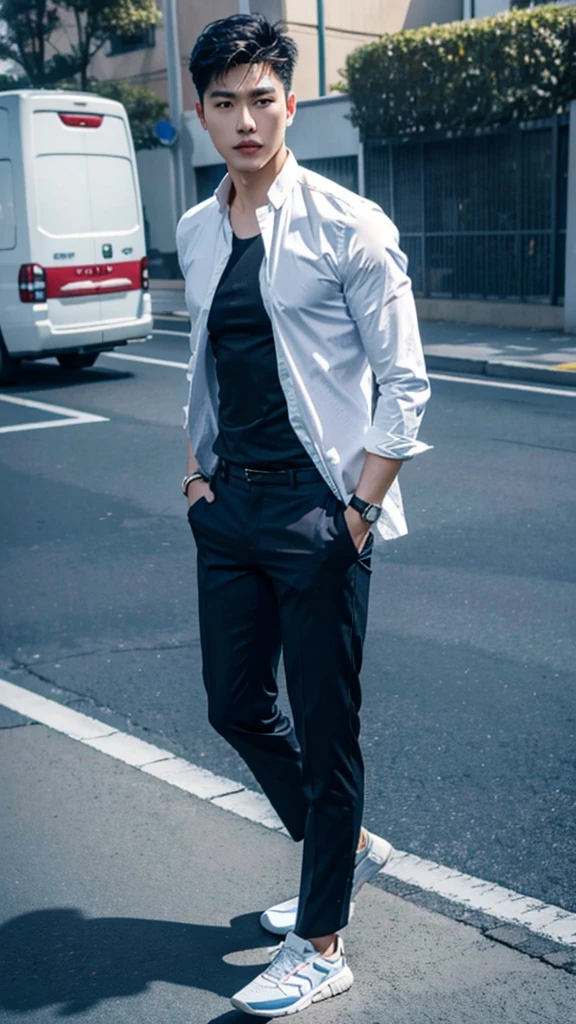 Best quality,masterpiece,ultra high res, full body, photorealistic:1.4,a very handsome Asian man, wearing shirt outfit, casual shoes. magazine cover, outdoor, on the street, as if a mans shower gel advertisement, active, clowded