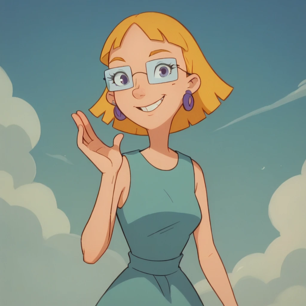 miriam, 1girl, glasses, earrings, jewelry, solo, short hair, blonde hair, smile, dress