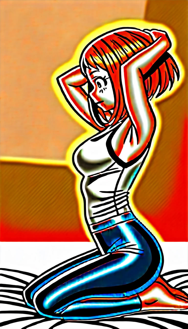 [ochako uraraka], [Boku no hero academia], ((masterpiece)), ((HD)), ((high quality)), ((solo portrait)), ((side view)), ((full body)), ((anime)), ((Kohei Horikoshi)), ((detailed shading)), ((cel shading)), ((intricate details)), {ochako, (rosy cheeks), (big round brown eyes), short brown hair, short eyelashes, large breasts, (gorgeous hips), (beautiful legs), (expressionless), (calm)}, {(white tank top), (black spandex yoga pants)}, {(on bed), (head on pillow), (hands behind head), (looking at viewer)}, [Background; (bedroom), (sun rays)]