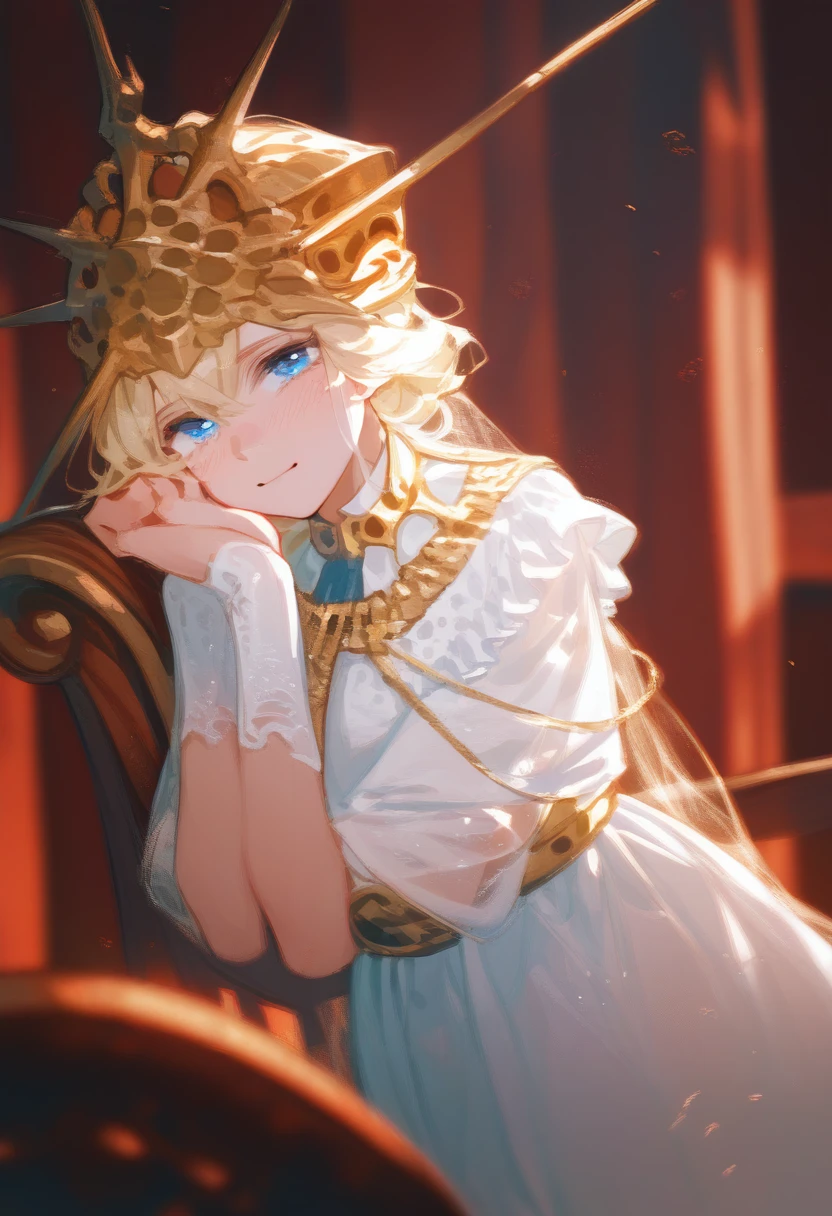 Princess, blonde hair, royal features, slight smile, white dress, in the middle of dark fires, sitting on a wooden chair, sad but smiling, blue eyes.