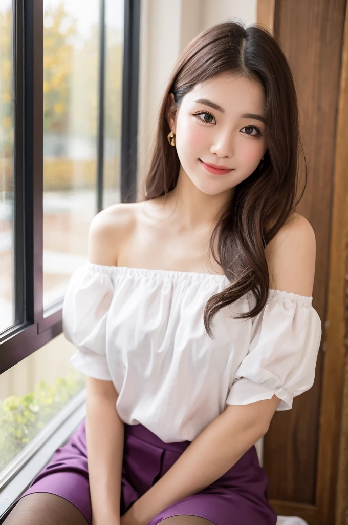 ulzzang-6500-v1.1,  (RAW Photos:1.2), (Photorealistic), (masterpiece), (Genuine:1.4),  beautiful girl, Great beauty、Curly Hair, Long Hair, Purple eyes, Off-the-shoulder blouse, Long skirt, (Ultra-realistic pantyhose:1.3)、 A shy smile, Sit by the window、Esbian all over、