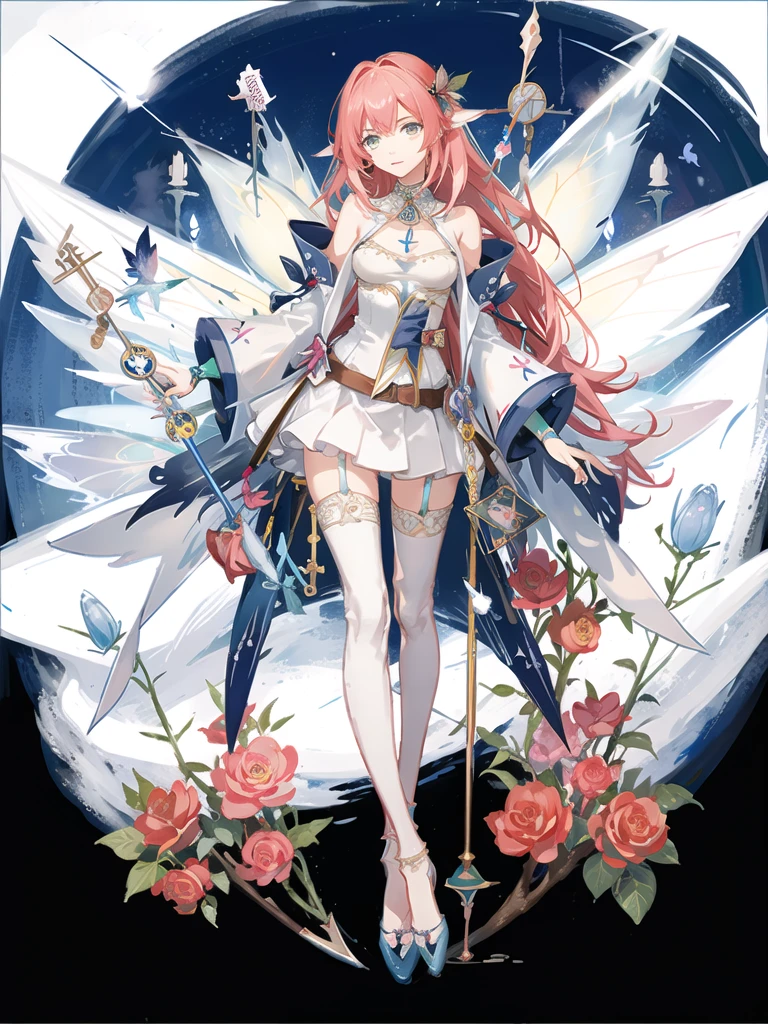 (Golden Ratio:1.2),(rose graffiti:1.2),(fault color:1.3),[(white background:1.4)::10], (full body:1.2),(ultra-detailed:1.3),(tarot:1.6),(the magician (tarot):1.6),

(paper:1.2),(fairy:1.6),(fairy wings:1.2),full body, standing in the air,(cool:1.2),(red long hair),(butterfly hair ornaments),(flower hair ornaments:1.0),((sandal,Locket)),(colorful cocktail long dress:1.0)+(Loose sleeves coat :1.3)+(floting colorful tassel and ribbon :1.2),(White stockings:1.2),

(colorful ink paper flower grow on the face:1.2),(colorful flower sea:1.3),

(chaotic geometric images:1.3),(nagative space:0.8),(drawing board:1.3),

(ether colorful ink flowing:1.3)