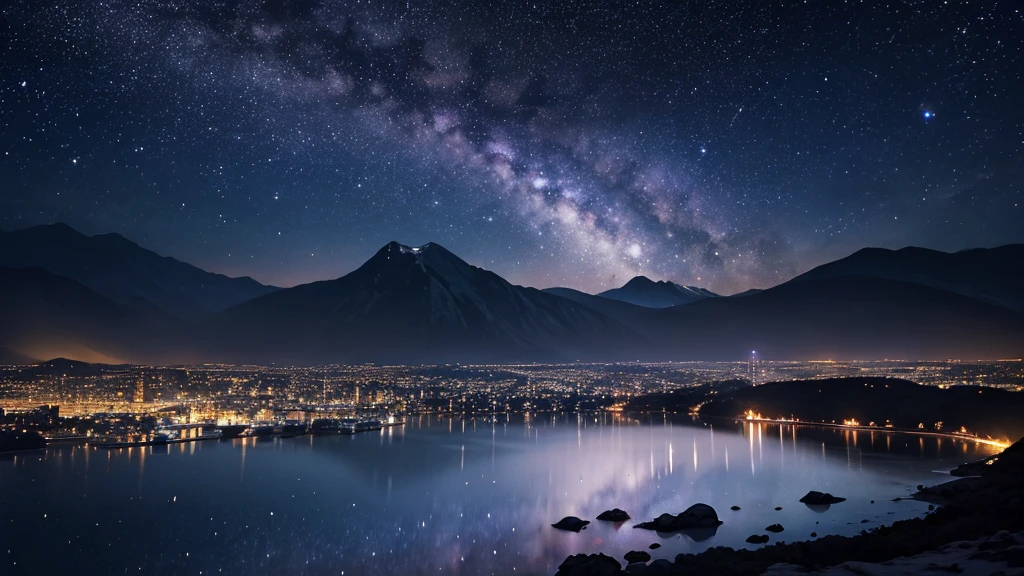 gem a lot scenery Dark color scheme night空 People are not needed milky way Big full moon 高い山から巨大な街のnight景を見ろしている night photo