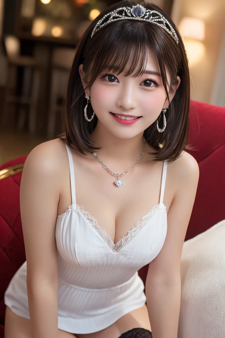 Highest quality, (beautiful)、Bright black mini dress、Large breasts、Brown Hair、Looking into the camera、smile、pub、tiara、necklace、Earrings、Sit on the sofa、Holding a glass、Close-up、night、underground、stockings、Leaning forward、Shoot from below、White string panties