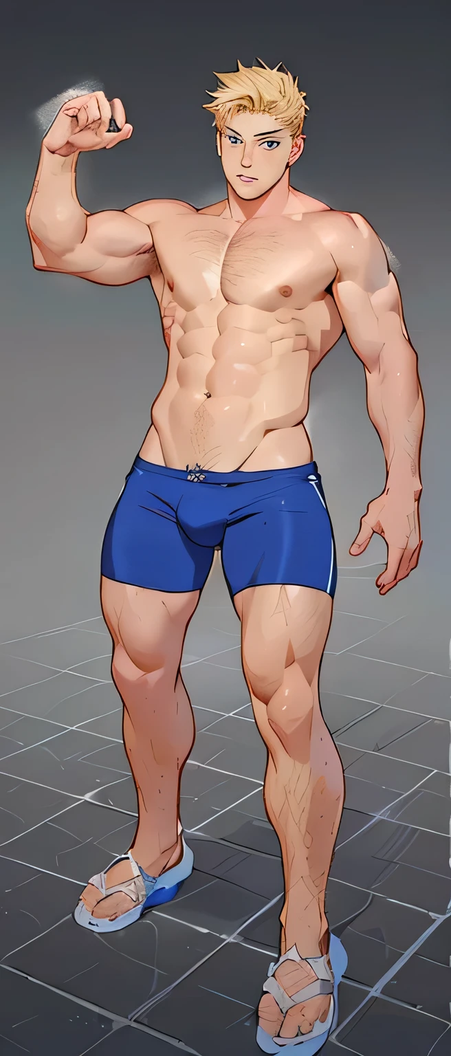 a close up of a cartoon man with a big muscular body, shirtless :: high detail, highly detailed body, realistic shaded perfect body, smooth body features, realistic body, realistic body shape, realistic body structure, photorealistic perfect body, accurate body features, detailed body, extra detailed body, realistic shaded perfect anatomy, realistic body features and face, high detail skin, anime face, young anime guy male face, blonde hair, blue eyes, anime style drawing, thick linearts