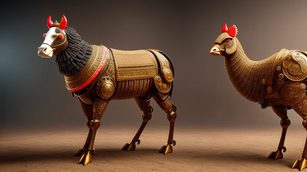 a mighty rooster with the head of a chicken and the body of a cow, 4 legs, robot, realistic photo style, ((Intricate detail)), hdr, ((Intricate detail, super detail) ), cinematic shots, textures