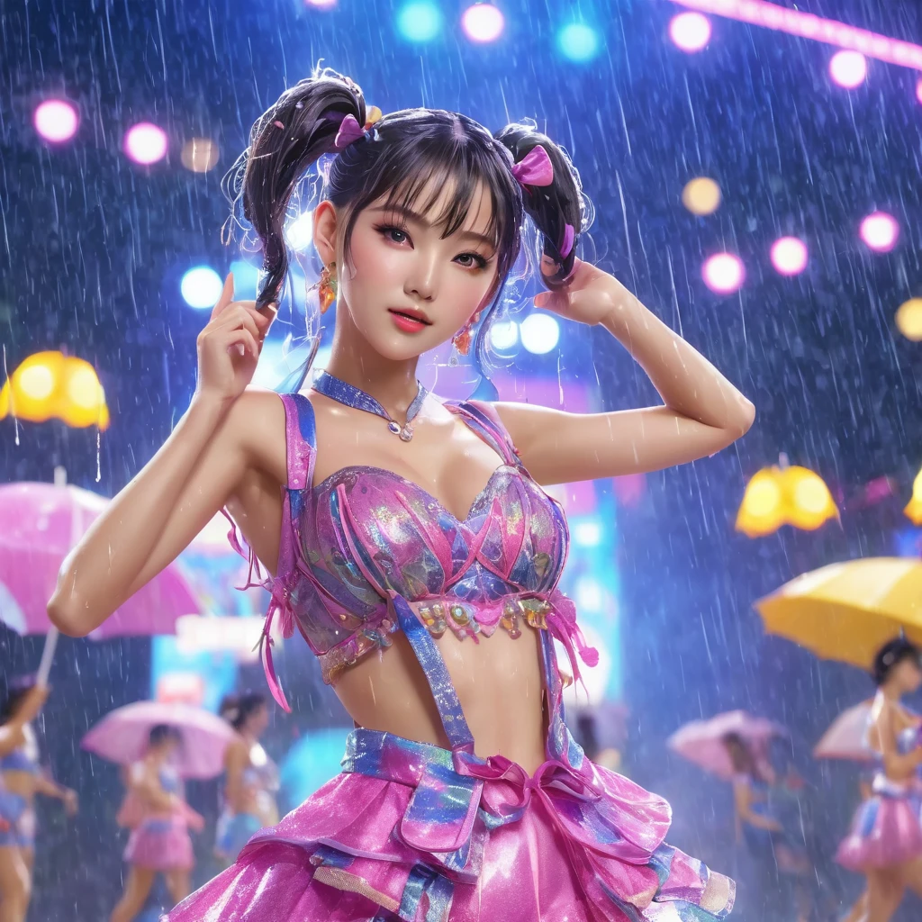 (Full body portrait:1.2)、A beautiful young idol girl with twin tails is dancing on an outdoor stage in the rain、In idol-like costumes、(Highest quality、4K、8K、High resolution、masterpiece:1.2)、Super detailed、(Real、Photorealistic、Photorealistic:1.37)、Delicate facial features、Highly detailed eyes and face、Complex hairstyles、Expressive pose、Colorful stage lights、Dynamic Performance、Bright colors、Glowing Skin、Professional photography