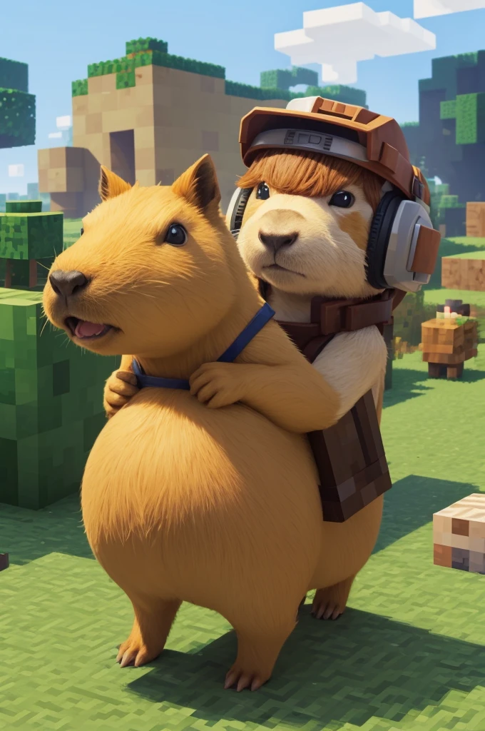 Make a capybara with a pickaxe and a helmet from the game Minecraft